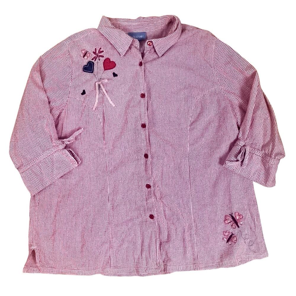 Vintage Patriotic Y2K Size 2X Gingham Blouse Top Embroidered Hearts Butterflies